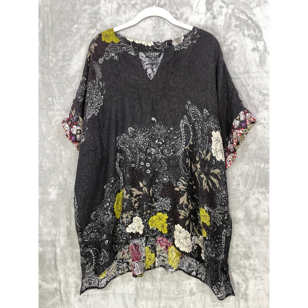 Citron Santa Monica 100% Silk Blouse Floral Women's Size 3X Black Textured Top‎